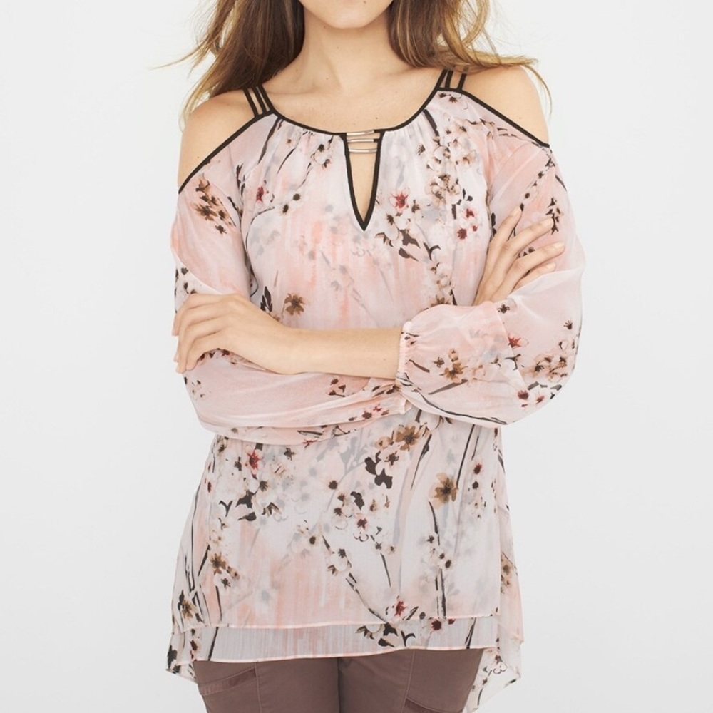 White House Black Market Floral Long Sleeve Cold Shoulder Career Top